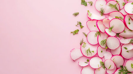 A vibrant arrangement of freshly sliced radish and herbs on a soft pink background, perfect for showcasing healthy ingredients and culinary creativity in food photography.の素材