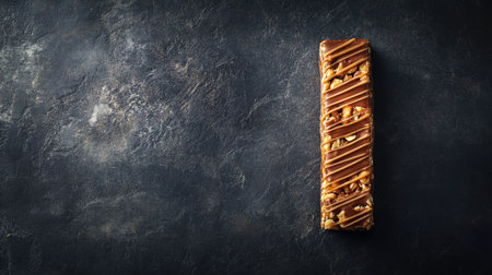 A tempting chocolate bar infused with caramel and nuts, presented against a dark textured background, ideal for food photography and dessert inspiration.の素材