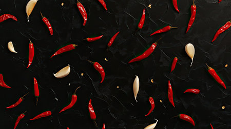 A captivating spread of bright red chili peppers and garlic cloves on a dark backdrop, perfect for culinary applications and showcasing bold flavors in cooking.の素材