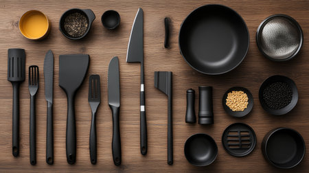 Discover an elegant flat lay of essential kitchen tools and utensils in sleek black design, perfect for culinary enthusiasts and chefs seeking modern aesthetics and functionality.の素材