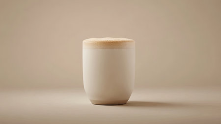 A stylish coffee cup filled with creamy milk foam sits against a soft neutral background, evoking warmth and tranquility, ideal for minimalistic lifestyle visuals.の素材