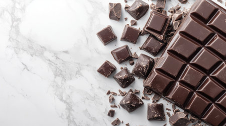 A stunning dark chocolate bar rests elegantly on a sleek marble background, surrounded by crushed pieces, showcasing the rich texture and decadent appeal ideal for culinary designs.の素材