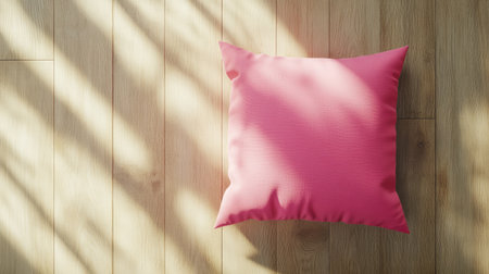 A soft pink cushion rests on a light wooden floor, casting gentle shadows that create a cozy atmosphere, ideal for enhancing home decor and interior styling ideas.の素材