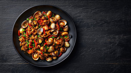 A vibrant seafood dish showcasing clams stir-fried with colorful vegetables, expertly arranged on a black plate, perfect for gourmet culinary presentations and food lovers.の素材