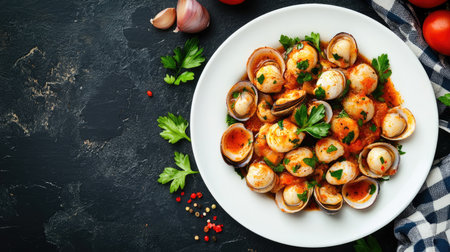 A vibrant dish of freshly cooked clams garnished with herbs and served in a tasty tomato sauce, perfect for culinary enthusiasts and seafood lovers.の素材