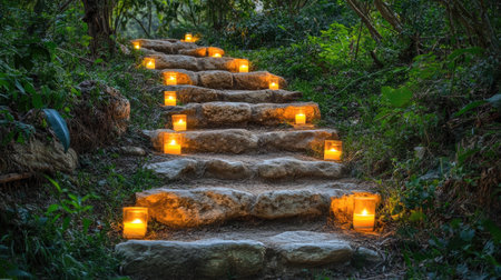 A tranquil stone pathway illuminated by glowing candles, winding through a lush forest, inviting peaceful evenings and serene reflections in nature's embrace.の素材