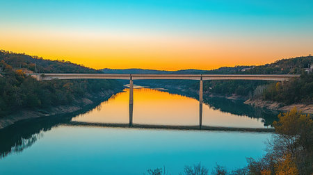 A stunning view of a bridge spanning a calm river at sunset, with vibrant colors in the sky and lush greenery lining the water's edge, creating a peaceful landscape.の素材