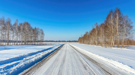 A serene winter scene featuring a snow-covered road surrounded by bare trees under a bright blue sky, embodying the tranquility of a peaceful rural landscape.の素材