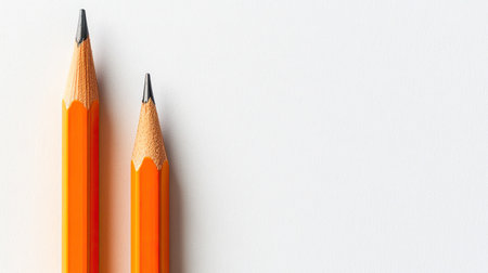 A pair of sharpened orange pencils rests on a blank white sheet, creating a minimalist composition ideal for educational or artistic projects, emphasizing creativity and simplicity.の素材