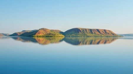 A stunning landscape showcasing calm water perfectly reflecting majestic hills. The clear sky adds to the serene atmosphere, ideal for nature enthusiasts.の素材
