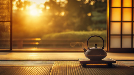 A tranquil scene featuring a steaming teapot on a wooden table, captured during sunset in a traditional Japanese room, evoking peace and relaxation.の素材