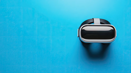 A sleek virtual reality headset rests on a bright blue surface, representing cutting-edge technology and immersive entertainment experiences for modern users. Perfect for gaming enthusiasts.の素材