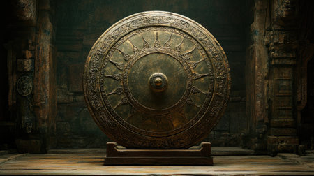 This captivating image showcases an ancient shield featuring intricate designs, set against a dark backdrop with hints of historical architecture, evoking a sense of mystery and heritage.の素材