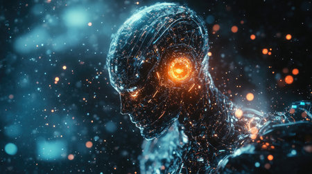 A captivating image of a robotic head with glowing elements, set against a dark backdrop filled with particles, emphasizing themes of technology and innovation in a futuristic context.の素材