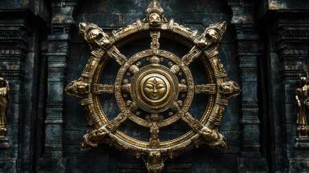 This stunning image captures an ornate golden Wheel of Dharma, intricately designed and surrounded by sculptural details, representing spirituality and artistic heritage in ancient culture.の素材