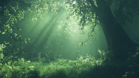 A serene forest scene where sunlight filters through the trees, creating a magical atmosphere filled with lush greenery and peaceful surroundings.の素材