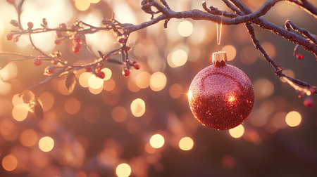A beautiful red Christmas ornament dangles from a delicate branch, surrounded by soft golden bokeh lights, creating a magical and festive winter atmosphere.の素材