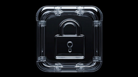 This striking image features a transparent digital lock icon on a black background, symbolizing security and privacy in technology and digital safety realms.の素材