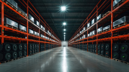 A modern warehouse interior showcasing spacious aisles filled with metal shelving and stocked goods, optimized for efficient storage and logistical operations in a commercial space.の素材