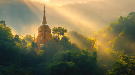 Capture the breathtaking beauty of a serene sunrise illuminating an ancient temple in a lush forest, with misty fog creating a mystical atmosphere perfect for exploration.の素材