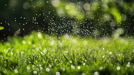 This stunning image captures glimmering water droplets on lush green grass, creating a tranquil and refreshing scene that highlights the beauty of nature and sunlight.の素材