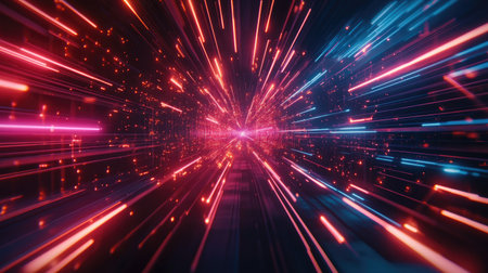 A striking abstract image featuring vibrant light streaks in various colors, creating an illusion of speed and movement, ideal for technology and futuristic themes.の素材