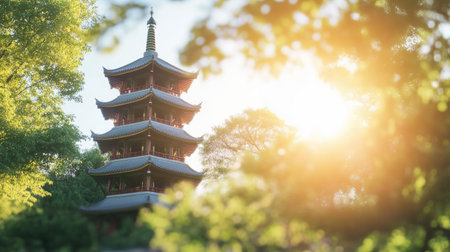 A stunning Asian pagoda nestled among vibrant green trees, illuminated by warm sunlight, showcasing exquisite architectural details that evoke peace and tranquility in nature.の素材