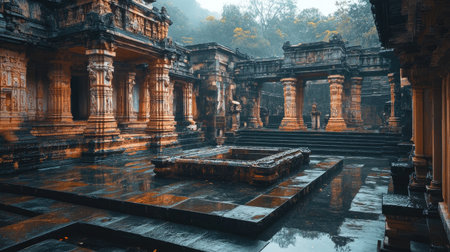 Explore the beauty of ancient temple ruins enveloped by lush greenery and ethereal mist, revealing intricate designs and a peaceful atmosphere that invites reflection.の素材