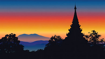 Capture the stunning beauty of a temple silhouette framed by a vibrant sunset. The mountains and trees create a serene and tranquil atmosphere in Southeast Asia.の素材