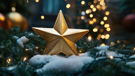 A stunning golden star decoration is nestled in fresh snow and surrounded by twinkling Christmas lights, creating a warm and inviting winter holiday scene.の素材