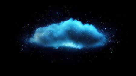 This stunning image features an ethereal blue cloud illuminated by glowing particles, set against a stark black background, evoking feelings of mystery and imagination.の素材