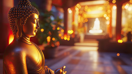 A captivating golden Buddha statue stands gracefully in a serene temple, surrounded by soft glowing lights, evoking a sense of tranquility and spiritual reflection.の素材