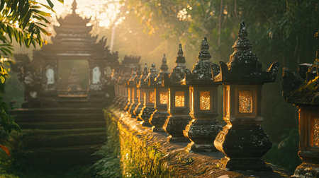 A breathtaking view of an ancient temple pathway illuminated by morning light, featuring ornate lanterns and surrounded by lush foliage, evoking a serene and mystical atmosphere.の素材