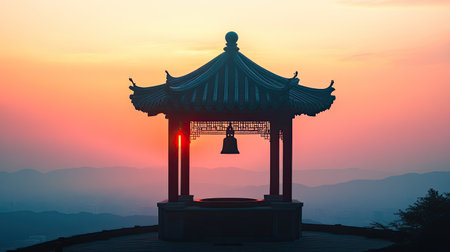 A stunning silhouette of a traditional pavilion with a bell during sunset, featuring vibrant colors and a serene mountain backdrop, perfect for travel and landscape themes.の素材