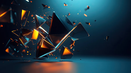 A mesmerizing display of abstract 3D geometric shapes, illuminated by vibrant light effects against a dark background, showcasing modern artistic innovation and digital design elements.の素材