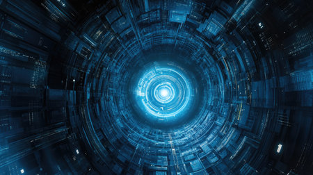 Immerse in this captivating abstract digital tunnel, showcasing vibrant blue light and intricate patterns that illustrate a high-tech environment and a sense of deep perspective.の素材