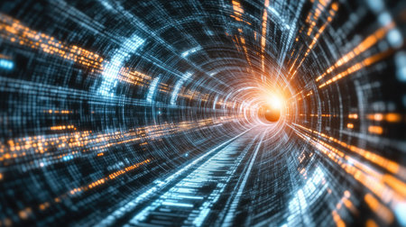 A captivating digital tunnel scene showcasing vibrant light flow and data particles, symbolizing high-speed movement through advanced technology and innovation.の素材