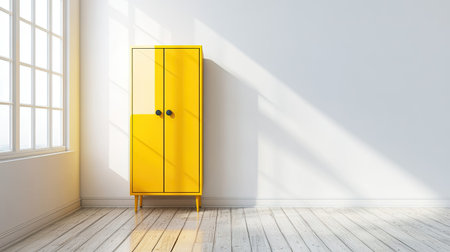 A vibrant yellow cabinet adds a pop of color to a minimalist room, illuminated by natural light from large windows, creating a calm and inviting atmosphere.の素材