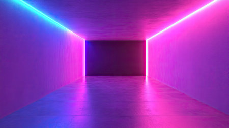 A stunning futuristic corridor featuring vibrant pink and blue neon lights. The smooth floor reflects the glowing colors, creating a mesmerizing and modern atmosphere. Perfect for contemporary design themes.の素材