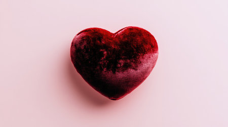 A vibrant red plush heart-shaped cushion set against a soft pink background, perfect for creating a romantic ambiance or as a lovely gift for loved ones on special occasions.の素材