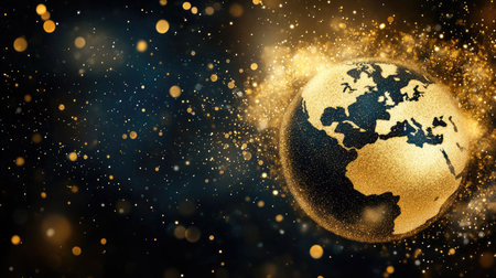 Stunning illustration of a globe adorned with golden sparkles against a deep starry backdrop, symbolizing global connection and celebration of cultural diversity and achievements worldwide.の素材