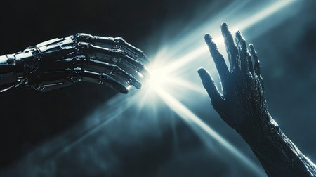 This striking image captures the moment of connection between a robotic hand and a human hand, illuminated by a radiant light, embodying themes of technology and interaction.の素材