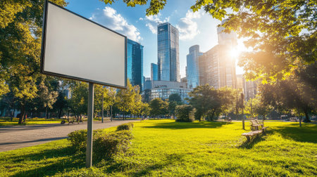 This vibrant urban scene features a spacious park with an empty advertisement board, lush grass, towering skyscrapers, and brilliant sunlight, creating a serene outdoor atmosphere.の素材