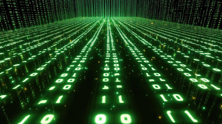 Immersive digital landscape featuring flowing green binary code, symbolizing technology and data processing in a striking matrix environment with a captivating perspective.の素材