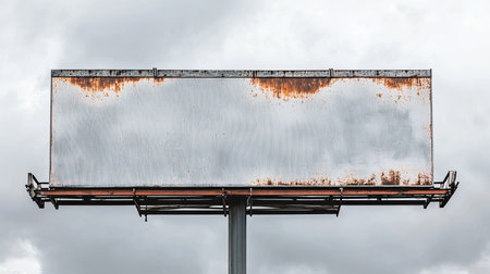 A weathered billboard stands under a moody sky, showcasing rust and wear that emphasize urban decay, isolation, and the passage of time in a forgotten landscape.の素材