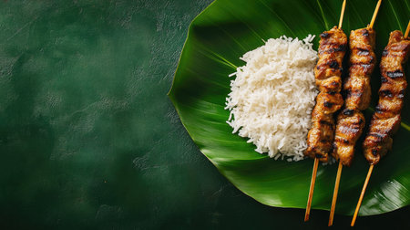 Indulge in perfectly grilled meat skewers served with fluffy jasmine rice on a vibrant green leaf, a feast for the senses catering to barbecue lovers and food exploration.の素材
