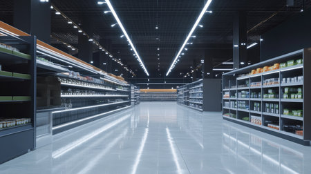 Bright and spacious supermarket interior features neat aisles and shelves filled with various grocery items, creating a welcoming shopping atmosphere for consumers.の素材