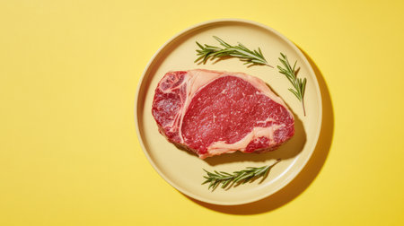 A vibrant ribeye steak is presented on a creamy plate with rosemary sprigs, creating an inviting display perfect for food photography and cooking inspiration.の素材