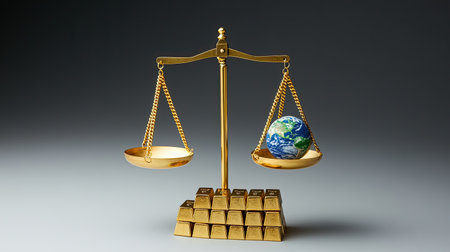 A striking image of golden scales weighing the Earth against gold bars, symbolizing the delicate balance between wealth and environmental sustainability in todayの素材