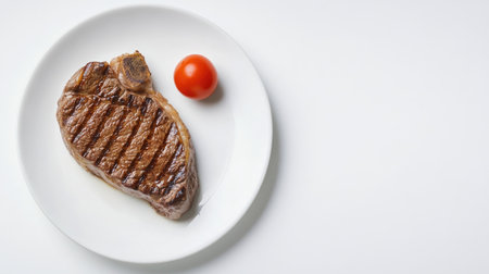 A beautifully grilled steak with distinct marks presented on a white plate, accompanied by a vibrant red tomato. Perfect for food enthusiasts and culinary showcases.の素材